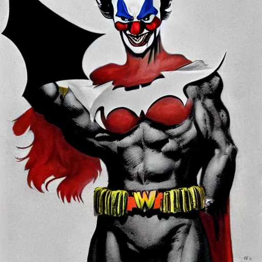 Image similar to frank frazetta the batman as pennywise, full body, 8 k, realistic, photo real, smooth, sharp, intricate detail, hyper detail, dramatic lighting, dramatic shading