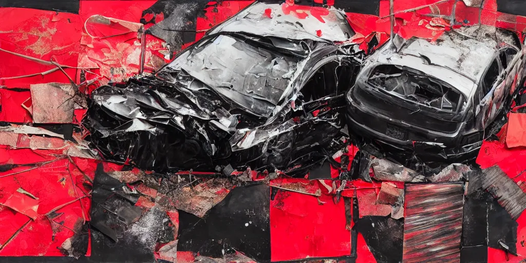 Image similar to rendered in blender car crash test, red and black, collage paper and tape, acrylic on canvas, hyperrealism mixed with expressionism, high resolution, cinematic, unreal 6, breathtaking detailed, by blake neubert