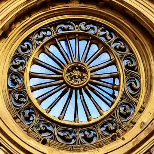 Image similar to ornate symmetrical spiral cathedral window with stonework, very beautiful, photograph, high definition