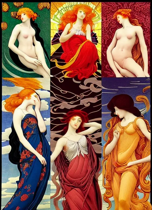 Prompt: 12 Muses symbolically representing the 4 seasons (Winter, Spring, Summer, Autumn), in a style blending Æon Flux, Peter Chung, Shepard Fairey, Botticelli, Ivan Bilibin, and John Singer Sargent, inspired by pre-raphaelite paintings, shoujo manga, and cool Japanese street fashion, dramatic autumn landscape, leaves falling, vibrant color palette, hyper detailed, super fine inking lines, ethereal and otherworldly, 4K extremely photorealistic, Arnold render