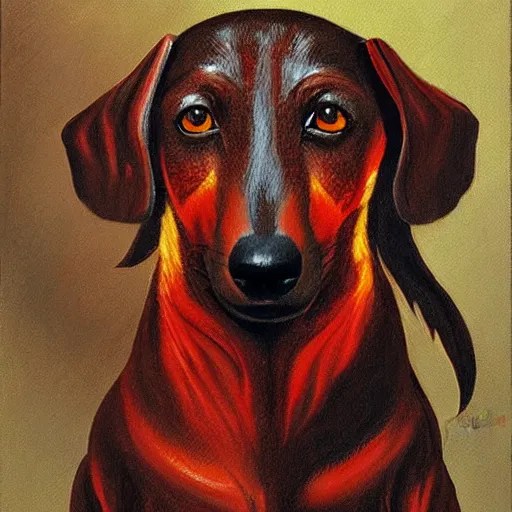 Image similar to Highly detailed portrait of a fire elemental dachshund, painted by Gerald Brom