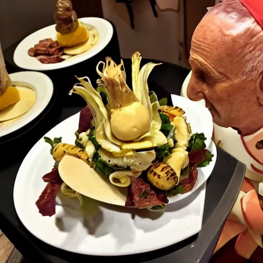 Image similar to a amazing new surrealist hybrid of a pope salad by giuseppe arcimboldo and kandinskali, melting cheese, steamed buns, grilled artichoke, sliced banana, the pope, salami, milk duds, licorice allsort filling