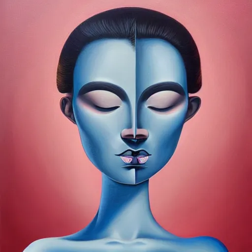 Prompt: a painting of a woman with hair, an ultrafine detailed painting by rafal olbinski, behance contest winner, pop surrealism, detailed painting, very detailed, minimalist, skeuomorphic, airbrush art