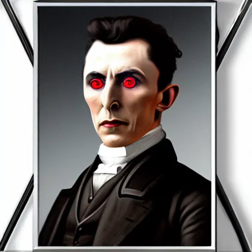 Image similar to nicolas tesla with thunderbolts around him and glowing white eyes, photorealistic, 4 k, ultra detailed