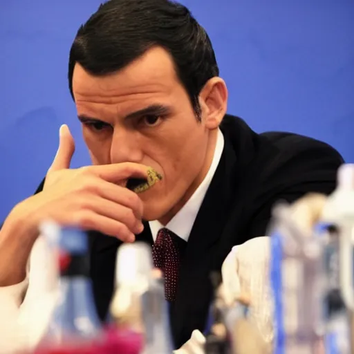 Image similar to pedro sanchez ( president of spain ) dressed as dracula at a press conference