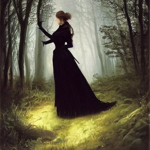 Prompt: A beautiful victorian woman, night, gothic dress, flowing hair, oil painting, portrait, magical forest, , glow, dramatic lighting, dramatic light, masterpiece, high detail, long shadow, amazing composition, detailed, painted by Caspar David Friedrich