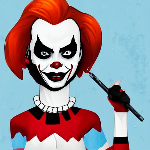 Prompt: Harley Quinn Margot Robbie in the style of pennywise, ilustración, stiker style