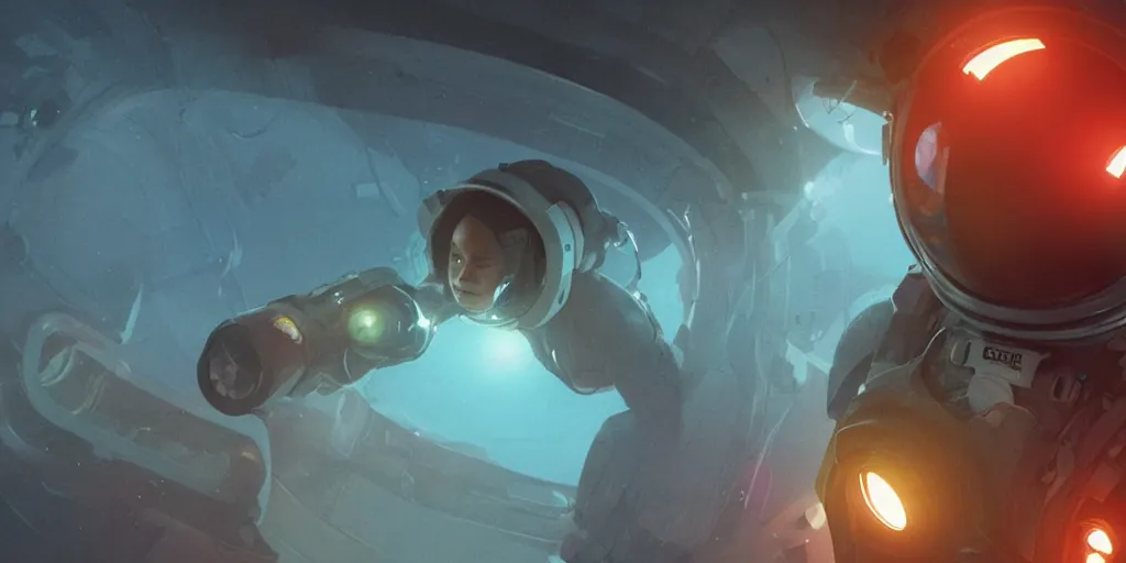 Image similar to Zoe Kravitz with short hair as a techpunk astronaut, helmet with led lights, underwater in the ocean at night, clear water, volumetric lighting, glowing lights, 4k, octane, digital painting, artstation, concept art, cinematic film, sharp focus, illustration, art by artgerm and greg rutkowski and alphonse mucha , wide angle view, full body