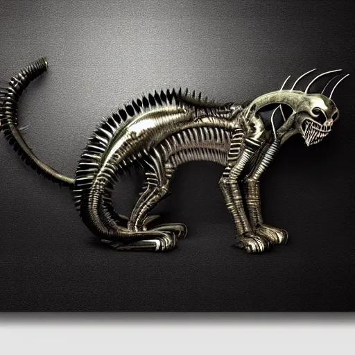 Prompt: a cat styled like a xenomorph, metallic texture, dark, high contrast lighting, Giger