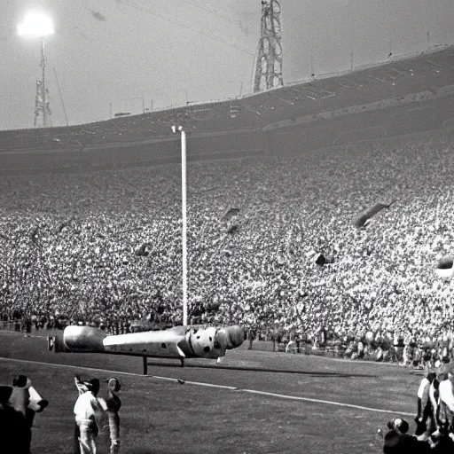 Prompt: Apollo 11 landing in a football stadium. Photographic quality, vintage, realistic, wide.