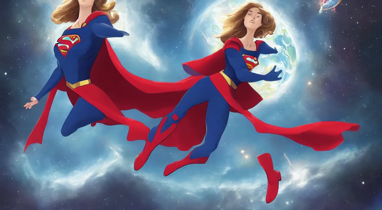 Prompt: A beautiful ultradetailed cartoon of Supergirl hovering in outer space looking at the Earth, 4k, Raphael Lacoste, by Rossdraws and Bluesssatan and Mandy Jurgens and Stjepan Sejic, Legend of Korra, Supergirl, fanart, trending on artstation, highly detailed, soft lighting 8k resolution, dramatic lighting, unreal engine 5, Pinterest, Melissa Benoist, DC Super Hero Girls