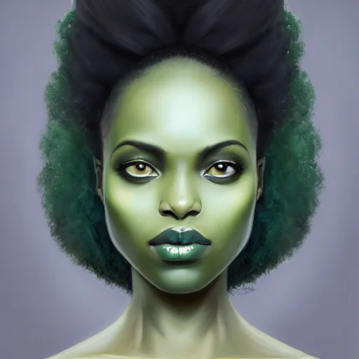 Image similar to a detailed matte oil on canvas head on symmetrical portrait of black skinned woman with long white and ( ( pale green ) ) hair, clothed by charlie bowater, lise deharme, wlop, trending on artstationhd, dungeons and dragons art critical role