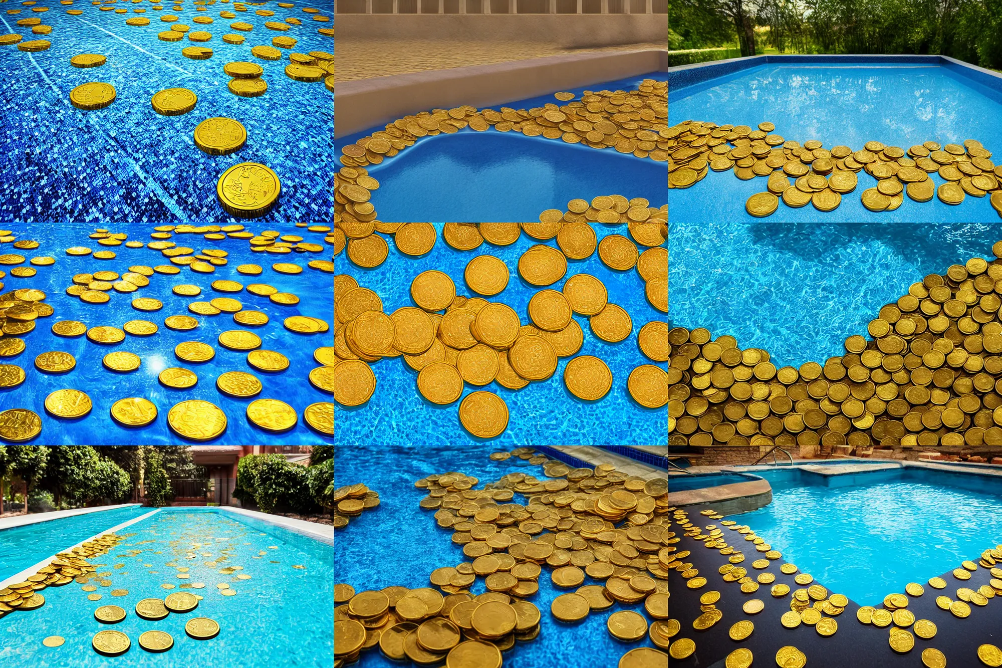 Prompt: a pool filled with only gold coins, realistic, 4 k, photograph, no water