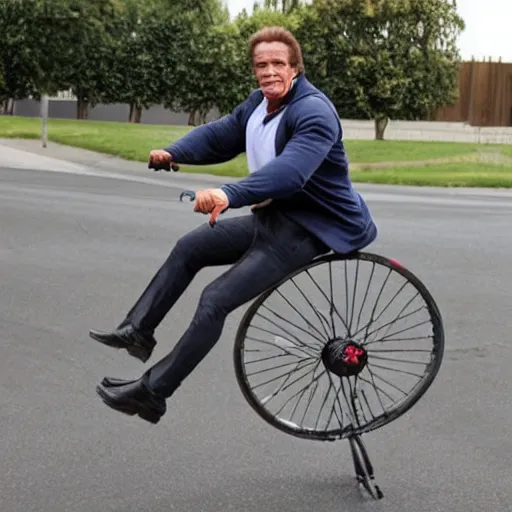 Prompt: a photo of arnold schwarzenegger riding a unicycle