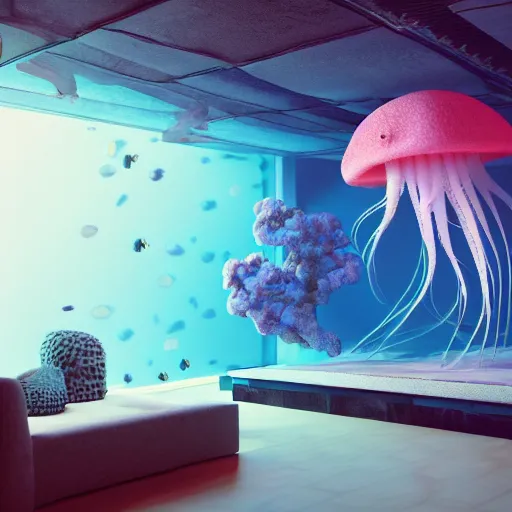 Image similar to photo of the modern room as aquarium with a big jellyfish and corals, realistic colors, realistic shadows, daylight made in blender, 3 d by beeple