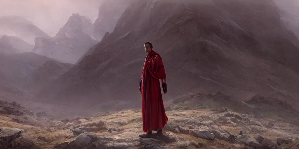 Image similar to the end is near. a tired julius caesar standing in the atlas mountains. face is highly detailed. splices of red are running down his toga. mist. color scheme red. low angle close shot. atmospheric. global illumination. unreal engine render. imagined by jeremy lipking