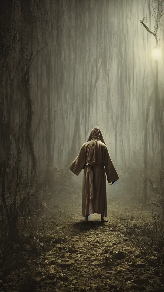 Prompt: photo of a mystical figure in occult robes sneaking through a swamp, cinematic lighting, highly detailed, horror, epic