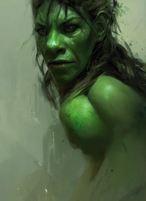 Image similar to green orc female, light green tone beautiful face, by jeremy mann, by greg rutkowski, digital painting