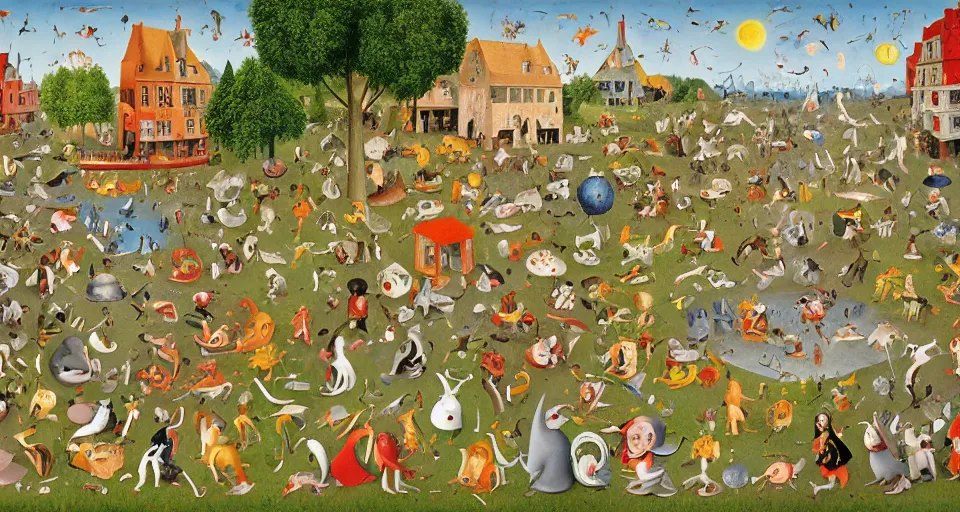 Prompt: The Garden Of Earthly Delights in the style of Richard Scarry, detailed oil painting children\'s illustration