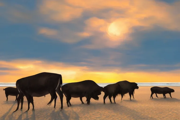 Image similar to concept art, of buffaloes on a beach, sunset, 30mm, canon, very hot, crowded, artstation