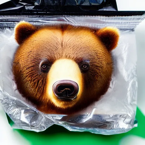 Image similar to macro shot photograph of tiny realistic looking bears inside of a plastic food bag, 4 k, highly detailed