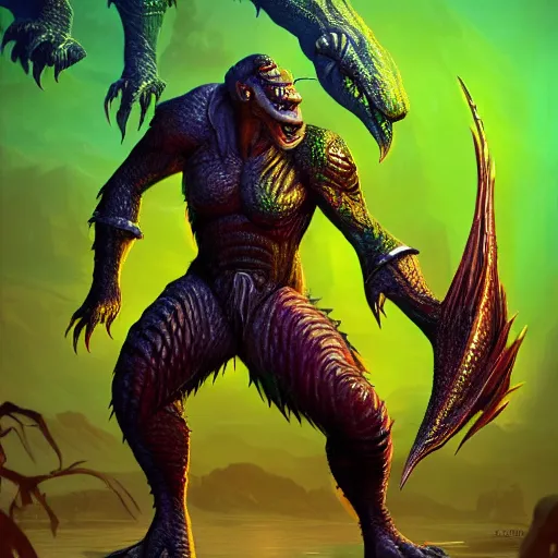 Image similar to bright, colorful, realistic, detailed from Elder Scrolls: shivering isles concept green daedroth aligator man full body backlighting, kodachrome, high contrast, highly detailed, sharp focus, digital painting, concept art, illustration, trending on artstation, comic book by Alex Ross and Adam Adamowicz cover art