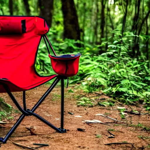 Image similar to a red camping chair in the middle of a dense jungle. the chair is far away from the camera.