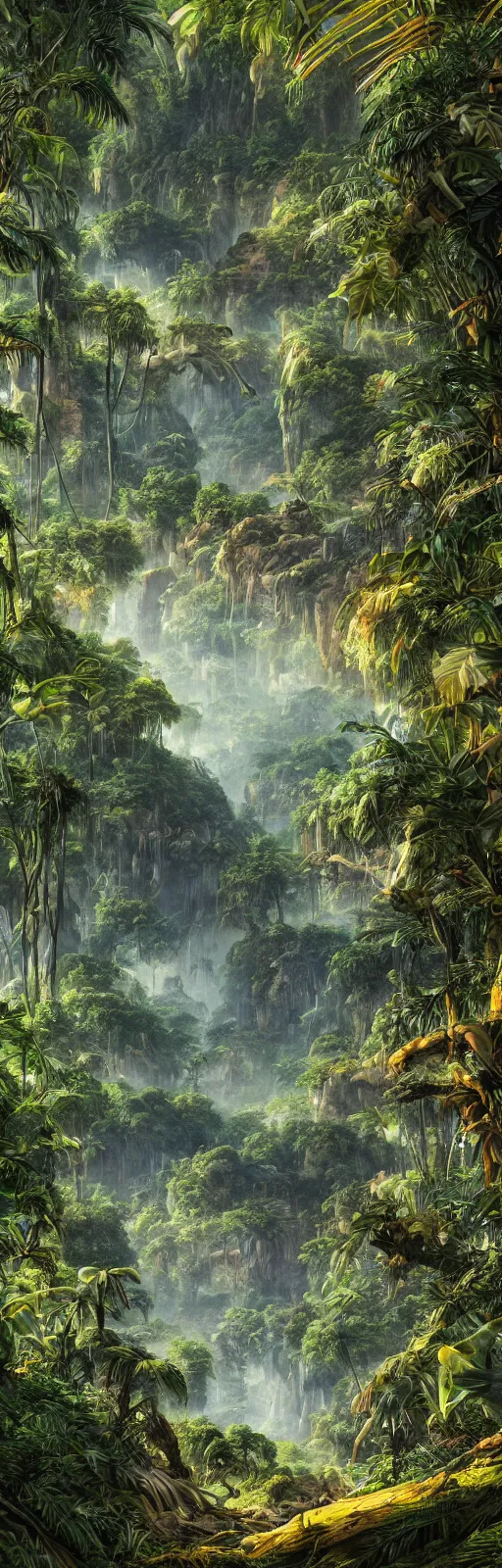 Image similar to painting of a jungle scene on an alien planet by vincent bons. ultra sharp high quality digital render. detailed. beautiful landscape. weird vegetation. water.