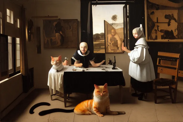 Image similar to bunch of catgirls, dlsr photography, 8 k, hyperrealism, professional studio shot, cinematic, anatomically correct, single source of light 4 5 degrees, vanitas, memento more artstyles, by pieter claesz, willem heda, jan vermeer, stunning details, ideal composition, divine proportion, intricate, fine arts journal cover