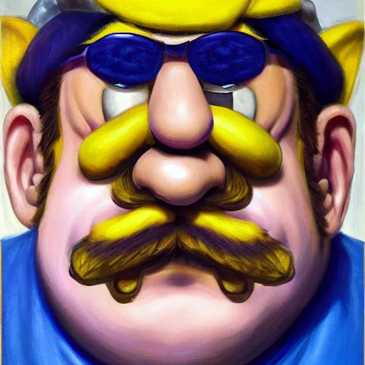 Image similar to wario from the mario series oil painted self - portrait ( greatly painted, beautifully painted by a renowned artist, greatly detailed. good quality painting, uhd, 4 k )