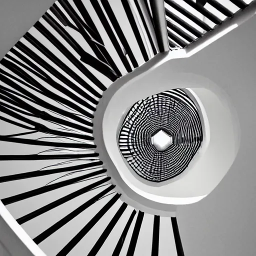 Image similar to minimalist design of a figure falling down a spiral staircase, overhead view, simple shapes, 2 colors