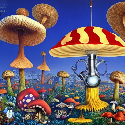 Prompt: a blue caterpillar with a hooka pipe on top of a mushroom in wonderland by jacek yerka and salvador dali, detailed matte painting, 8 k resolution