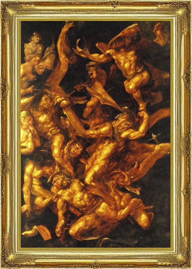 Image similar to renaissance oil painting of the devil, detailed golden frame