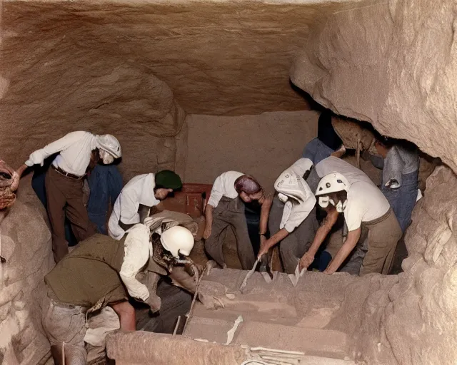 Prompt: vintage 3 5 mm color photo of a team of archaeologists opening up a sarcophagus in an egyptian tomb