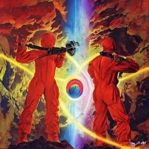 Prompt: two scientists in red hazmat suits entering the geometric rainbow crystal dimensional gateway by frank frazetta