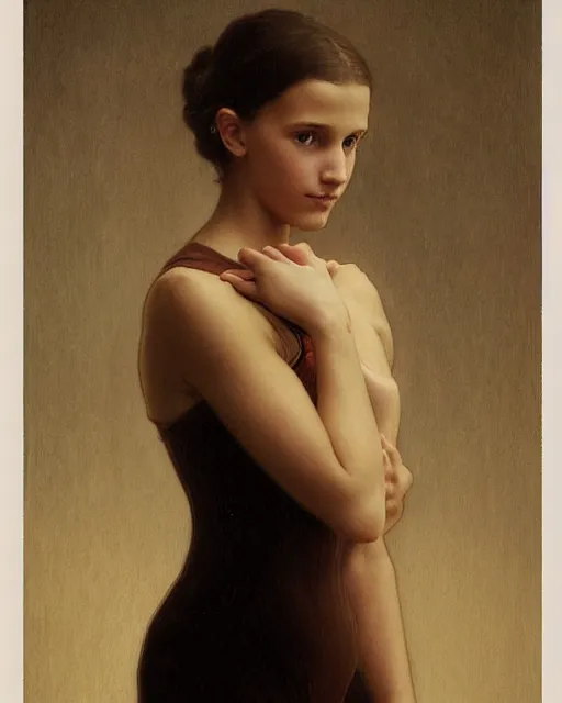 Image similar to a shadowy portrait painting of a shy, blushing 1 6 - year old alicia vikander or millie bobby brown in a leotard lit by candlelight at night, intricate, elegant, highly detailed, artstation, concept art, by krenz cushart and donato giancola and william adolph bouguereau and alphonse mucha