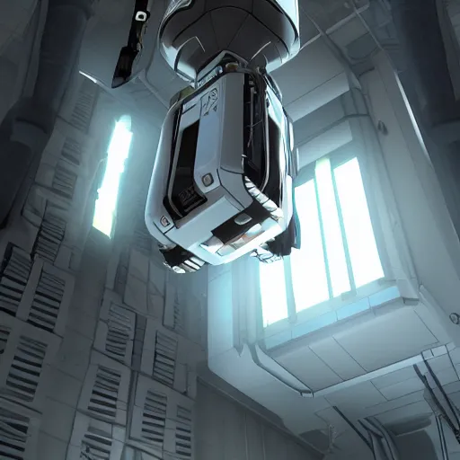 Image similar to glados female robot from portal 2 hanging from ceiling