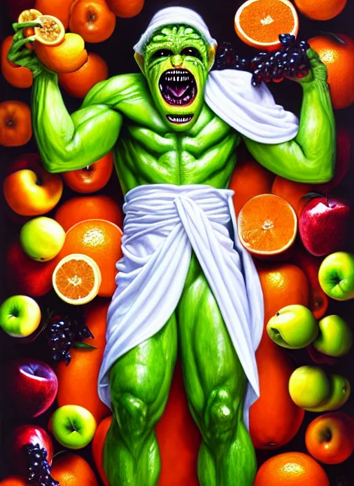 Prompt: full body shot of a monster man in a white robe, green skin, dressed in all white, covered in different fruit, apples, oranges, bananas, intricate, highly detailed, concept art, hyperrealistic, oil painting by greg staples and tristan eaton, 8 k