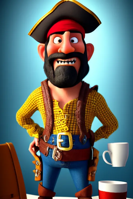 Image similar to portrait of the pirate blackbeard holding a cup of coffee, full body with a pirate ship on background. pixar disney 4 k 3 d render funny animation movie oscar winning trending on artstation and behance. ratatouille style.