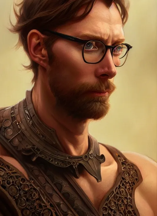 Image similar to portrait of stephen merchant, d & d, muscular! fantasy, intricate, elegant, highly detailed, digital painting, artstation, concept art, smooth, sharp focus, illustration, art by artgerm and greg rutkowski and alphonse mucha