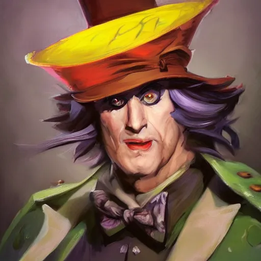 Image similar to greg manchess portrait painting of partially armored mad hatter from alice in wonderland as overwatch character, wacky, medium shot, asymmetrical, profile picture, organic painting, sunny day, matte painting, bold shapes, hard edges, street art, trending on artstation, by huang guangjian and gil elvgren and jesper ejsing