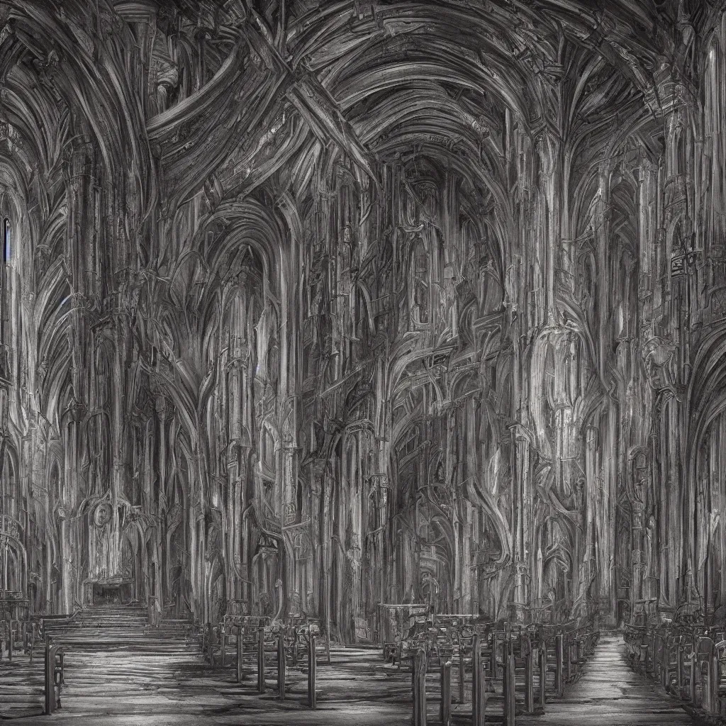 Image similar to digital painting of church interior designed by H R Giger, H.R. Giger style, Alien, Necronomicon, concept art, matte painting, digital painting, realism, 8K, RAW, unedited, symmetrical balance, in-frame