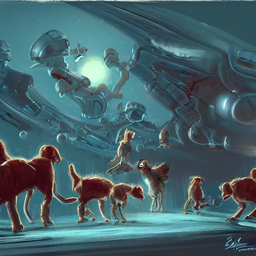 Image similar to puppy alien invasion, artwork by eddie mendoza