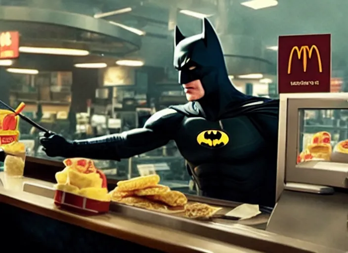 Image similar to film still of Batman working as a cashier at McDonalds in the new batman movie, 4k