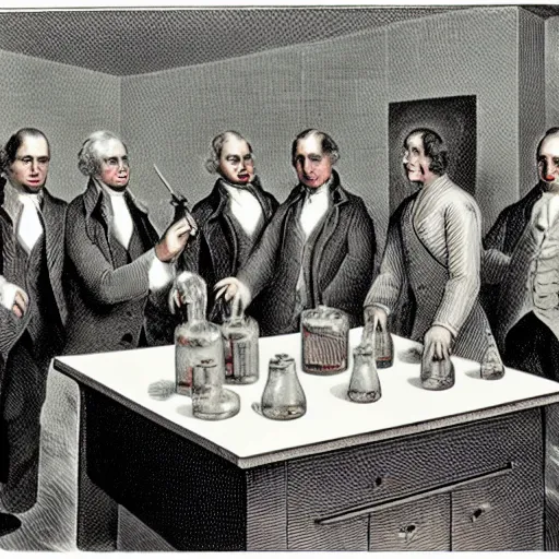 Prompt: a group of Ben Franklins boasting to each other in a laboratory