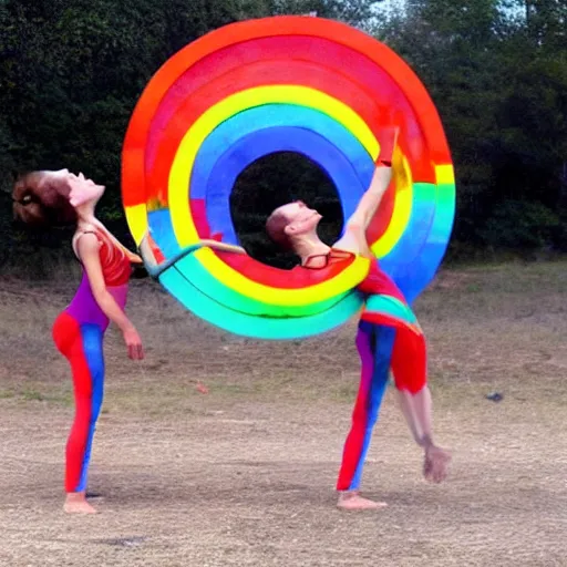 Prompt: acrobatic dance ensemble juggling rainbow fire