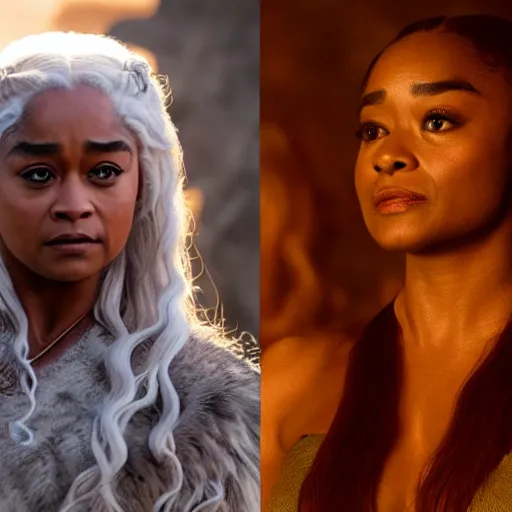 Image similar to tatyana ali as daenerys targaryen golden hour cinematic