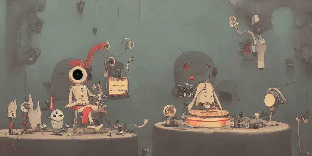 Image similar to cute anime monsters listening to record players by Goro Fujita and Simon Stalenhag and Banksy and Hieronymous Bosch and Edward Gorey, 8k, trending on artstation, hyper detailed, cinematic