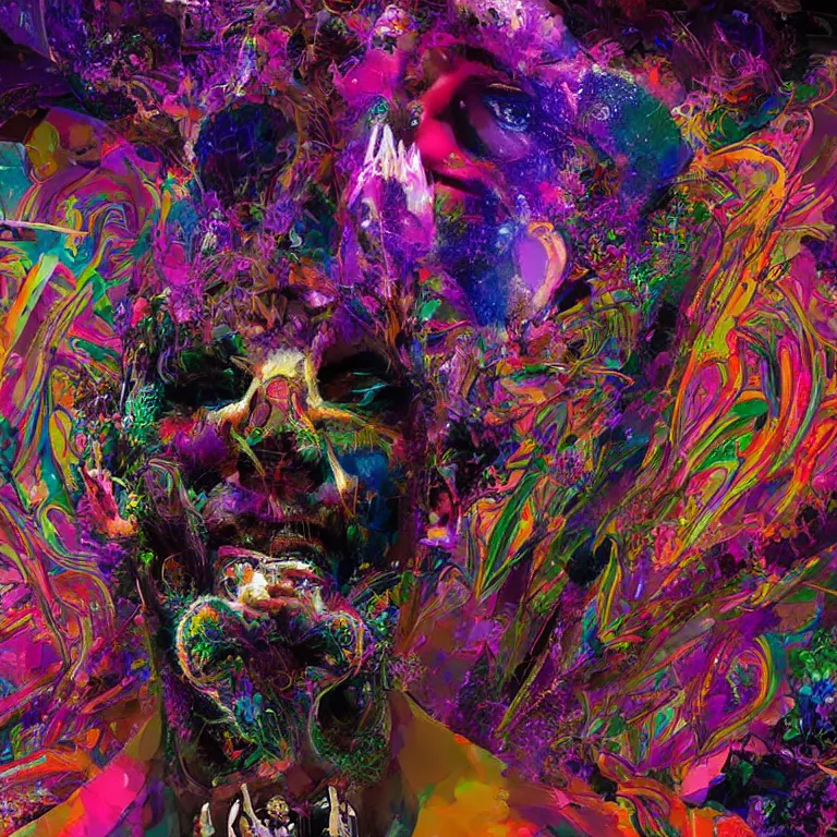 Image similar to hyper-maximalist overdetailed cinematic half portrait half collage pesudofigurative digital illustration by archan nair inspired by works of hakan hisim. Dramatic lights. Psychedelic visionary artwork. Zenith view. Seen from below.