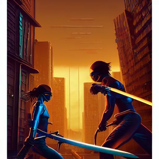 Image similar to ninja cyborgs katana duel in cybercity, golden hour, poster by michael whelan and gilbert williams and evgeny lushpin and artgerm and alena aenami, 3 0 mm, highly detailed